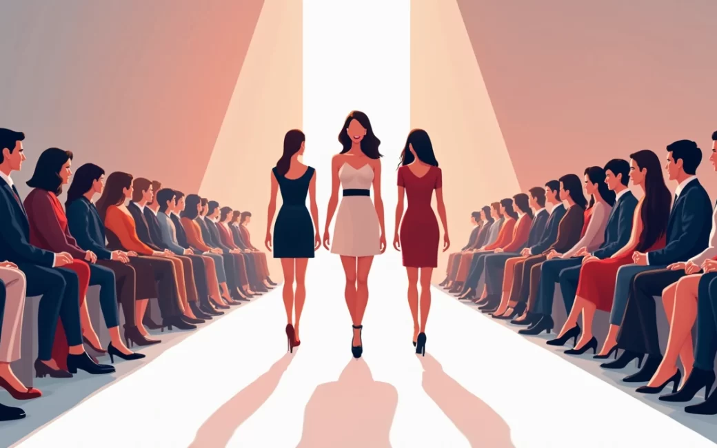 Models showcase a designer collection on a runway during a seasonal fashion show presentation.