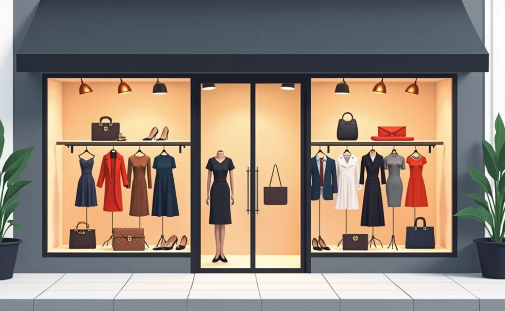 Luxury fashion boutique storefront with designer clothing and accessories on display