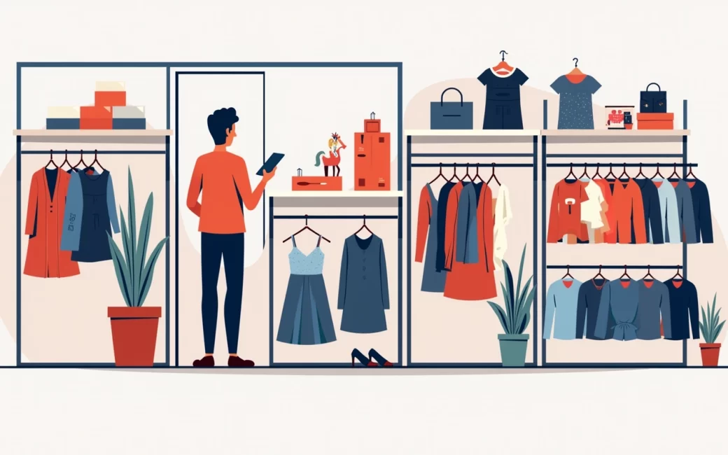 Customer shopping for clothing in a fashion retail store
