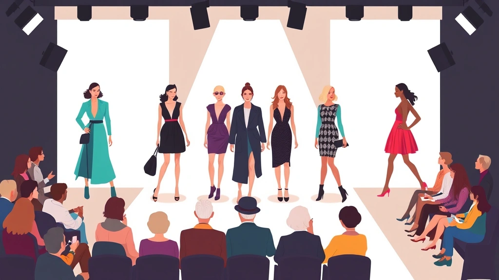 Models walking a fashion runway presenting a designer's new collection.