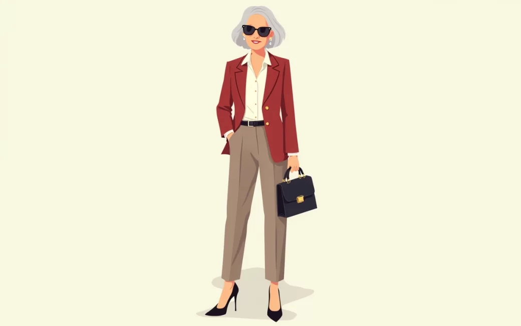 Older woman in tailored blazer and trousers, exemplifying timeless style.