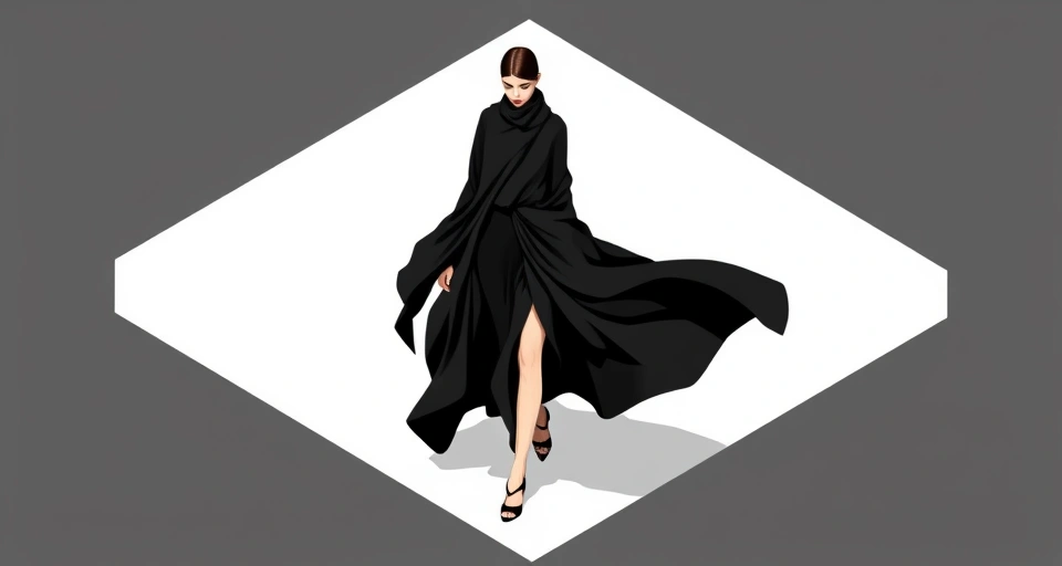 A model wearing Yohji Yamamoto's signature oversized black draped design, emphasizing fabric movement over body shape.