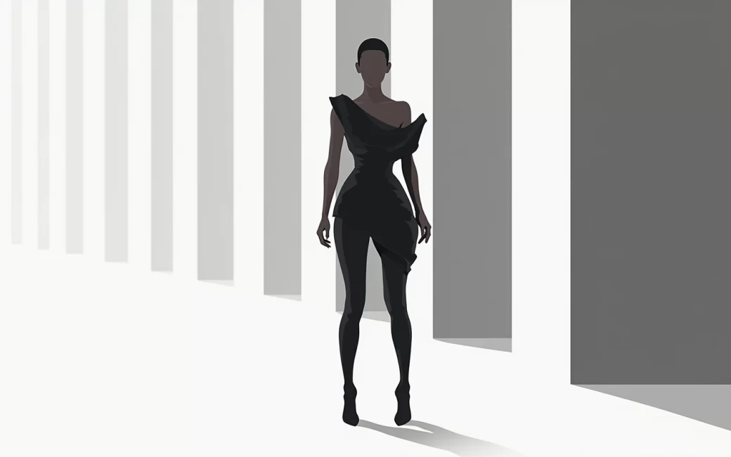 A dramatic runway look featuring an oversized, asymmetric garment with unconventional proportions against stark staging.